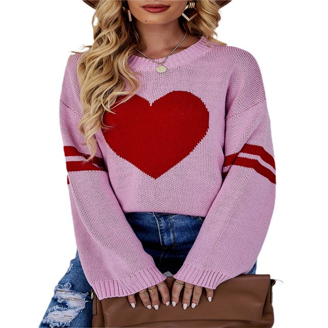 Pull pour Femmes Manches Longues Col Tricoté Cœur Ample Fête de Rue Chemise Décontractée Rose TG