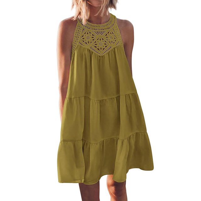Penkiiy Robe d'Été pour Femme à Découpes, Dos Nu, Décontractée, Sans Manches, Ligne A, à Étages, Évasée, Robe de Plage/vacances, Mini, L Vert