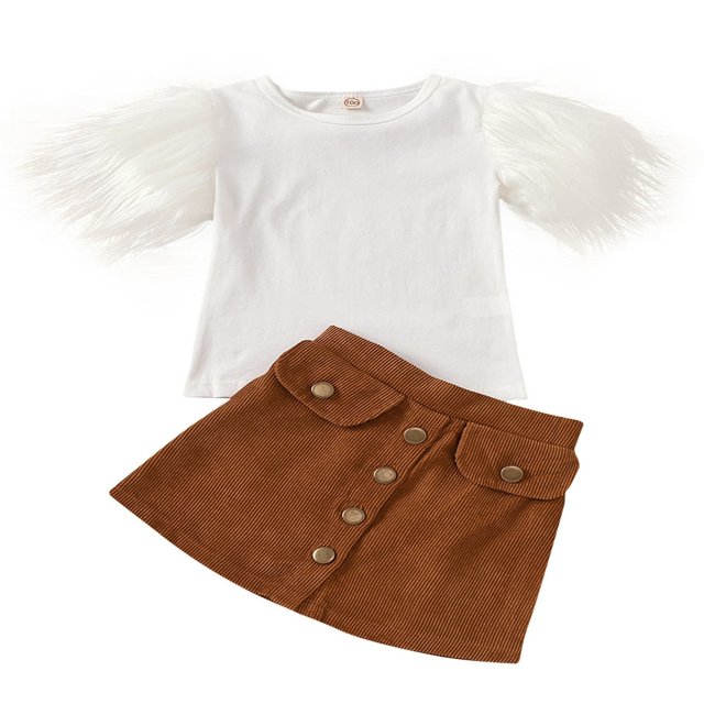 Kid Girls Feather Sleeve Neck Top Brown Buttons Skirt Sets
