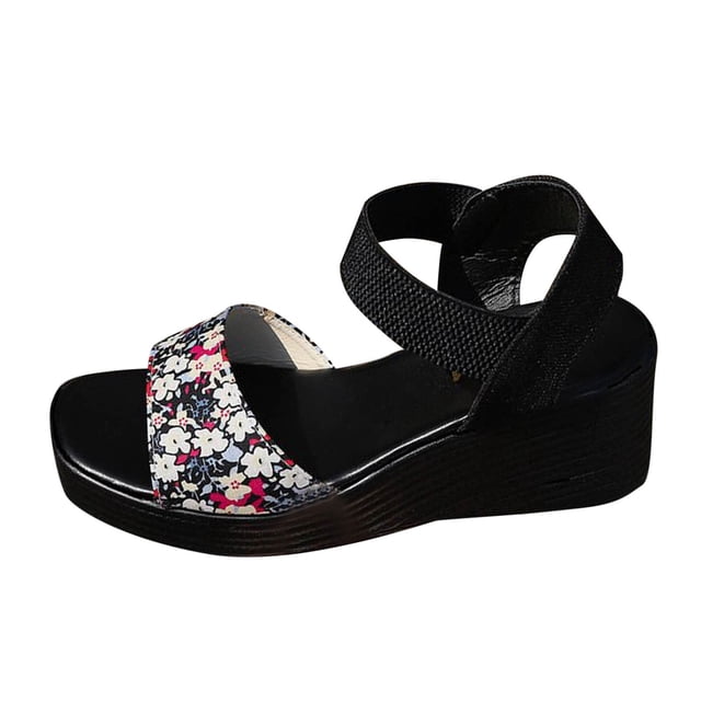 IUJSOY Women's Platform Wedge Print Sandals Slip on Square Toe Elastic Ankle Strap Sandals