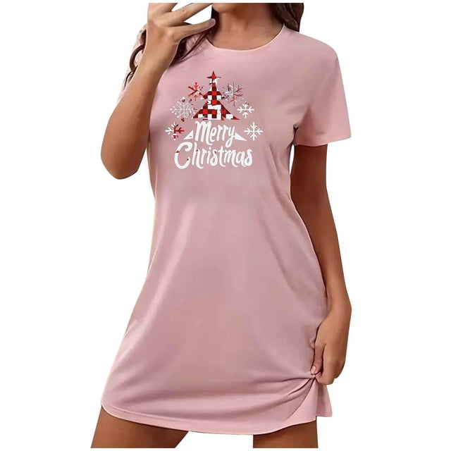 Sakmal Chemises de Nuit Nuageuses pour Femmes Mignonnes Roses Grande Taille Robe de Maison de Noël Courte Col Rond Manches Courtes Imprimé Joyeux Noël Chemises de Nuit P-2TG