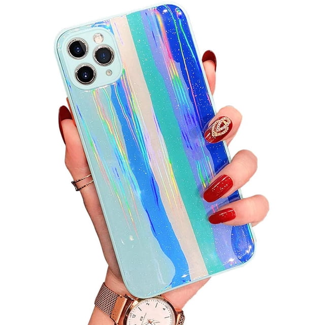 Compatible with iPhone Case,Bling Glitter Rainbow Pattern Hard PC Back Stripe Girls Woman Frosted Soft TPU Bumper Silicone Case for iPhone XS MAX (Light Blue)