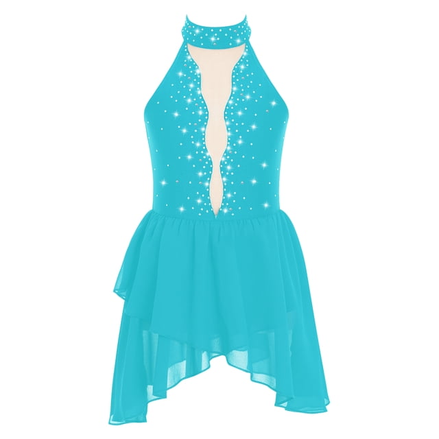 RUNQHUI Robe de Danse Lyrique pour Filles Enfants Sans Manches Dos Nu avec Strass Bleu Vert 16