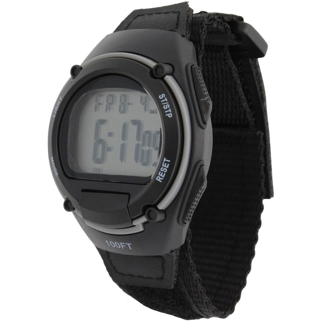 George Mens Digital Watch with black round case and digital display showing time 6:17, featuring black adjustable fabric strap with Velcro closure, water resistant to 30 meters (100 feet), includes backlight, alarm, stopwatch, and date functions, suitable as a simple digital sports watch.