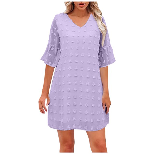 EGNMCR Robes de Fête pour Femmes Été Robe Unie à Col en V en Mousseline à Pois à Manches Courtes à Col en V pour Femmes