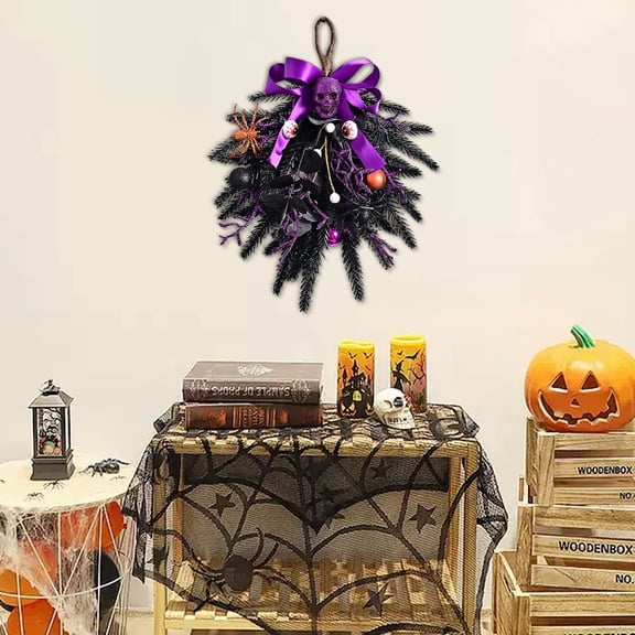 Antqov Halloween Simulation Skull Wreath Christmas Balls Scary Party Decoration Door Hanging Purple Wreath Rattan Circles, Halloween Party Decorations