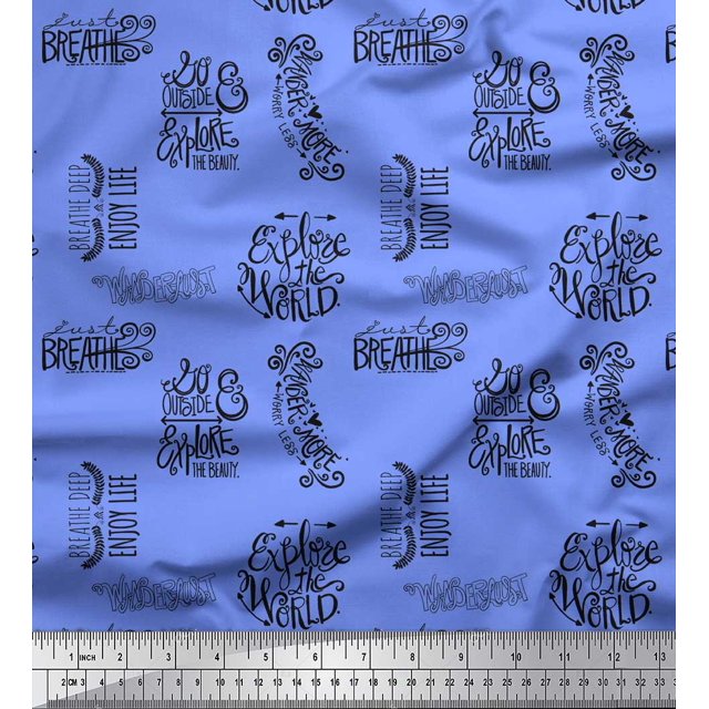 Soimoi Blue Heavy Satin Fabric Explore The World Text Print Sewing Fabric Yard 54 Inch Wide