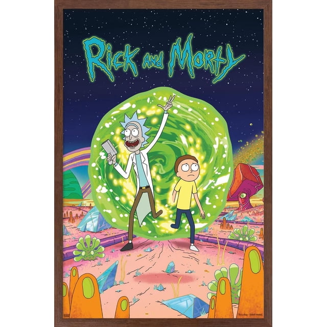 Rick And Morty - Affiche Murale de Couverture, 22,375 Pouces x 34 Pouces Représentant Deux Personnages Animés Debout devant un Portail Tourbillonnant Vert Lumineux sur un Paysage Extraterrestre vibrant avec des Cristaux, des Plantes Inhabituelles et un Ciel Nocturne Étoilé, Encadrée en Bois Foncé, Idéale pour Décorer des Chambres, des Bureaux Ou des Espaces à Thème.
