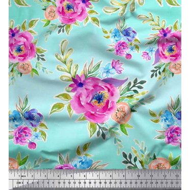 Soimoi Green Cotton Voile Fabric Leaves & Pink Floral Watercolor Print Fabric by The Yard 42 Inch Wide