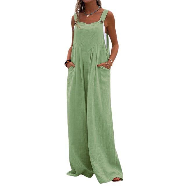 Kmbangi Women’s Casual Button Wide Leg Suspender Overalls with Pockets Fashion Solid Color Jumpsuit