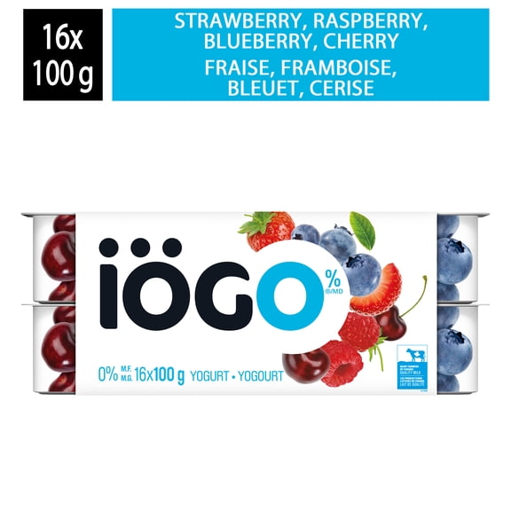 iOGO Fraise/framboise/bleuet/cerise Coupes de Yogourt Sans Gras 0 %, 16x100g