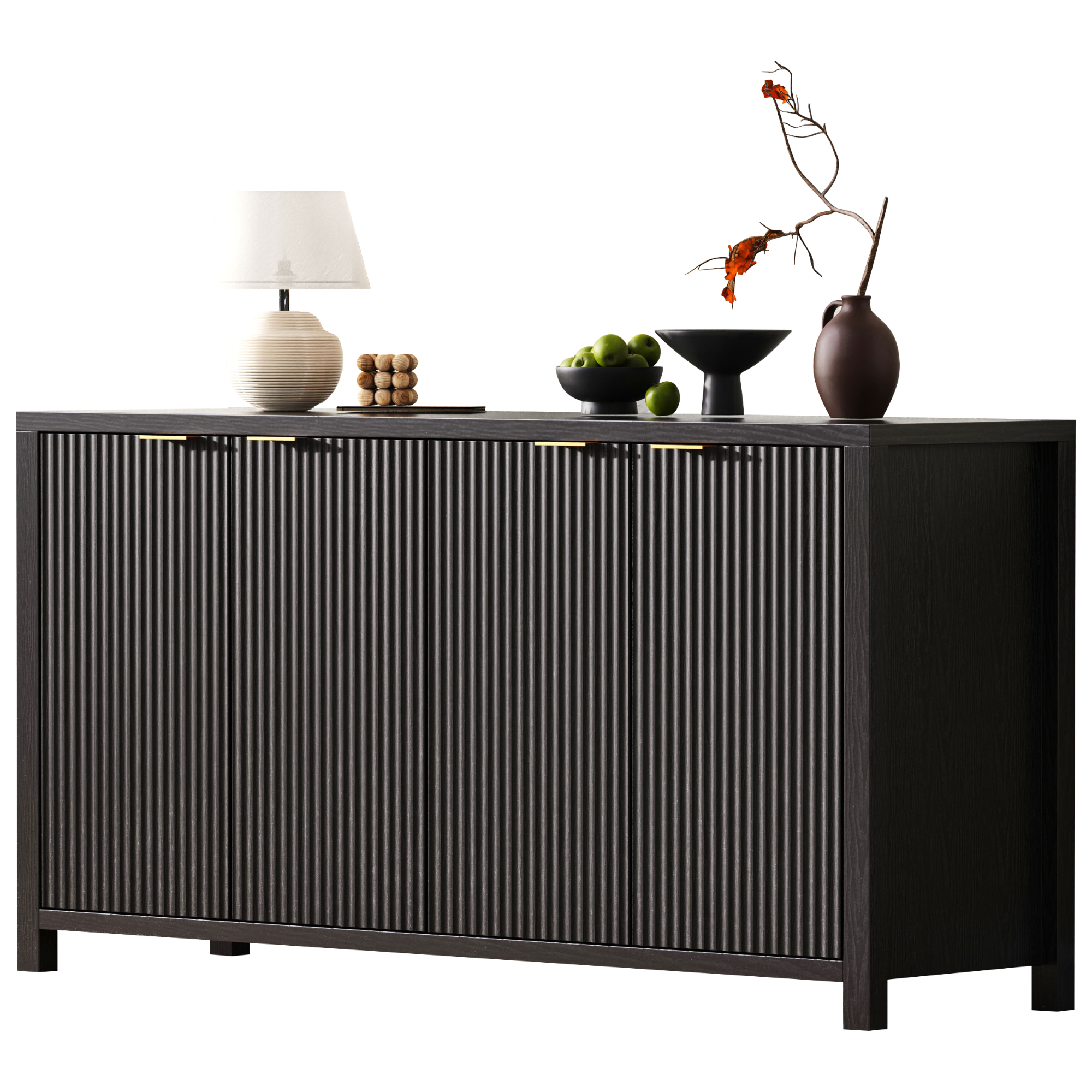 Noble House 55" Fluted Buffet Cabinet,4-Door Farmhouse Accent Storage with Adjustable Shelves for Dining Room,Black