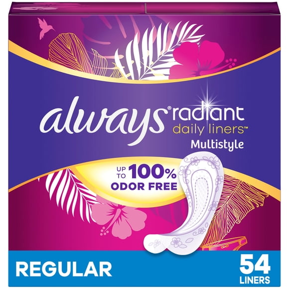 Always Radiant Daily Multistyle Liners Regular, Unscented, Up to 100% Odor-free 54 count