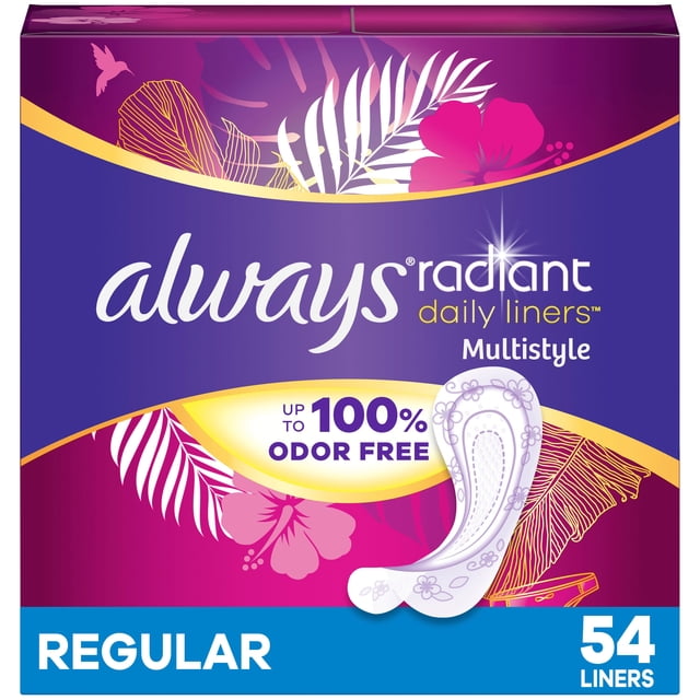 Always Radiant Daily Multistyle Liners Regular, Unscented, Up to 100% Odor-free 54 count