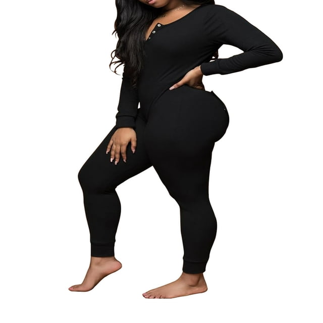Combinaison Pyjama une-Pièce à Col en V Profond pour Femmes, Barboteuse Justaucorps avec Siège Tombant et Rabat des Fesses