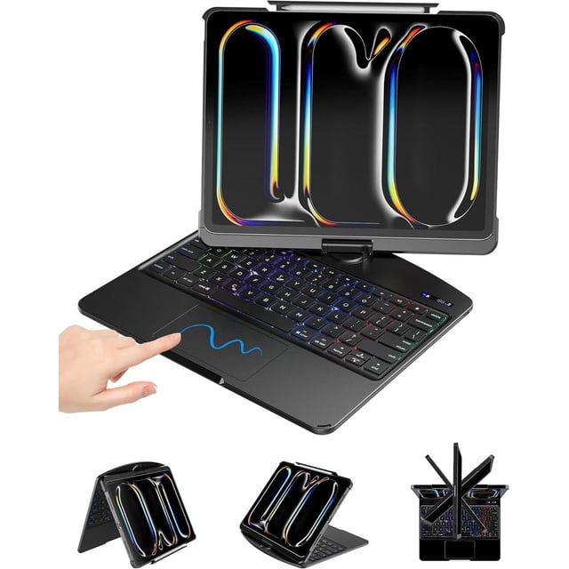 Wireless Touch Keyboard Case for iPad (A16) 11th Generation 11 Inch 2025, iPad 10th Generation 10.9 inch 2022 with Clear Hard PC Back & Trackpad & Backlight & 360° Rotatable & Pencil Holder