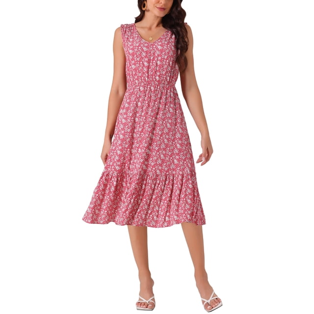 INSPIRE CHIC Robe d'Été Bohème de Plage pour Femme, Col en V, Sans Manches, Florale, Fluide, à Nouer, Midi, Décontractée, S, Rouge