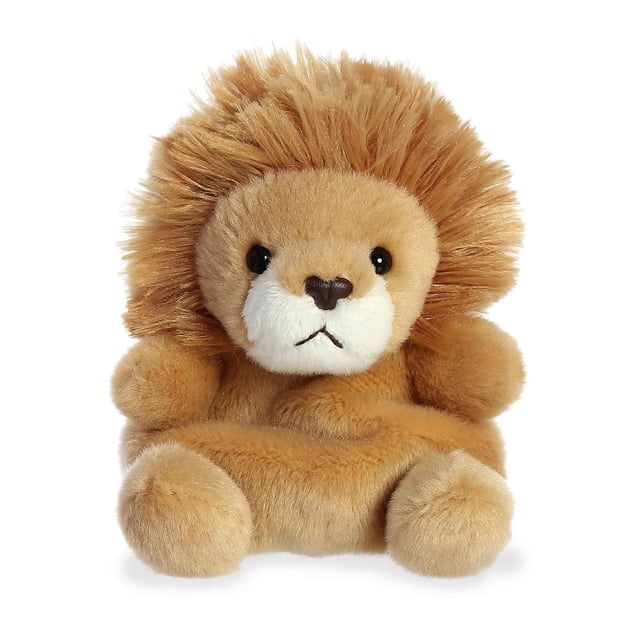 Aurora - Palm Pals - 5" Leno Lion, a tan plush lion with a soft, fluffy mane and understuffed design, sitting upright. This 5-inch stuffed animal features high-quality materials for a soft touch and bean pellets for stability, making it easy to hold and squish. Suitable for all ages.