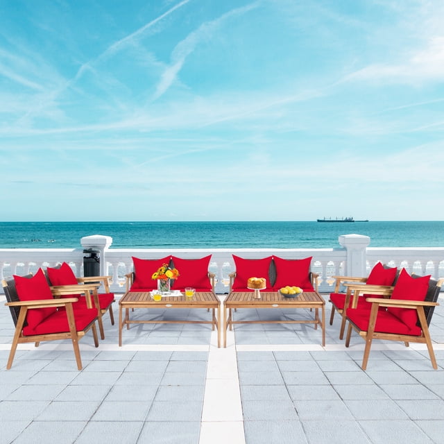 Patiojoy Ensemble de Meubles de Patio en Rotin 8 Pcs Cadre en Bois Canapé Coussiné avec Table Basse Ensemble de Canapé Sectionnel de Conversation pour Jardin Rouge
