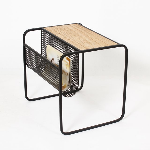 Plateau de Table Marron avec Cadre en Métal et Table d'Appoint pour Porte-Revues