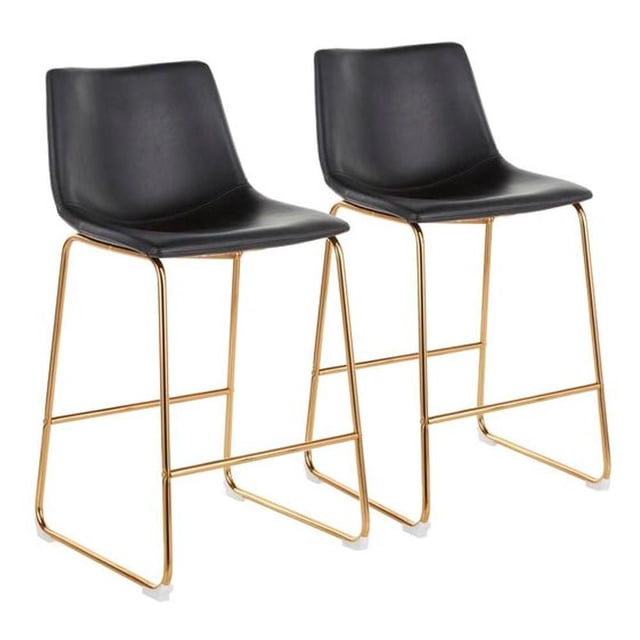 H-HEAVENLYCOLLECTION PU G/BK STOOL 26 S2 shows two counter stools with black PU leather seats and brushed gold steel frames, 35 inches tall with 26-inch seat height, featuring protective plastic glides and a minimalist design ideal for modern kitchen or dining seating.