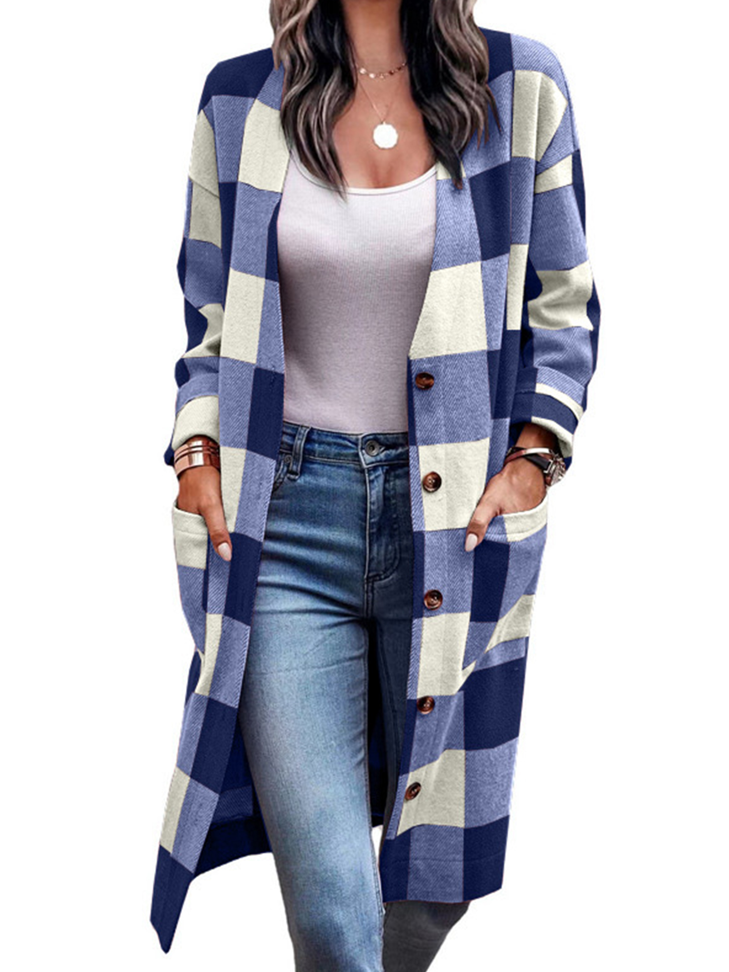 Innerwin Coat V Neck Ladies Outwear Winter Warm Cardigan Loose Jacket Blue S