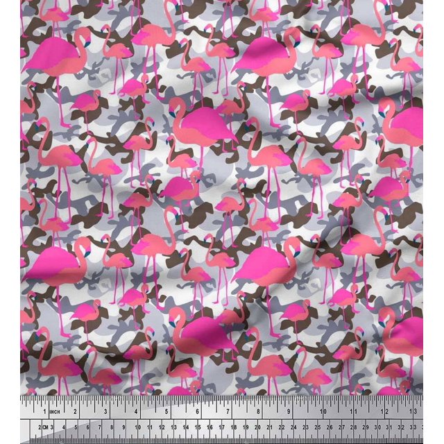 Soimoi Poly Georgette Fabric Camouflage Texture & Flamingo Bird Printed Fabric 1 Yard 52 Inch Wide