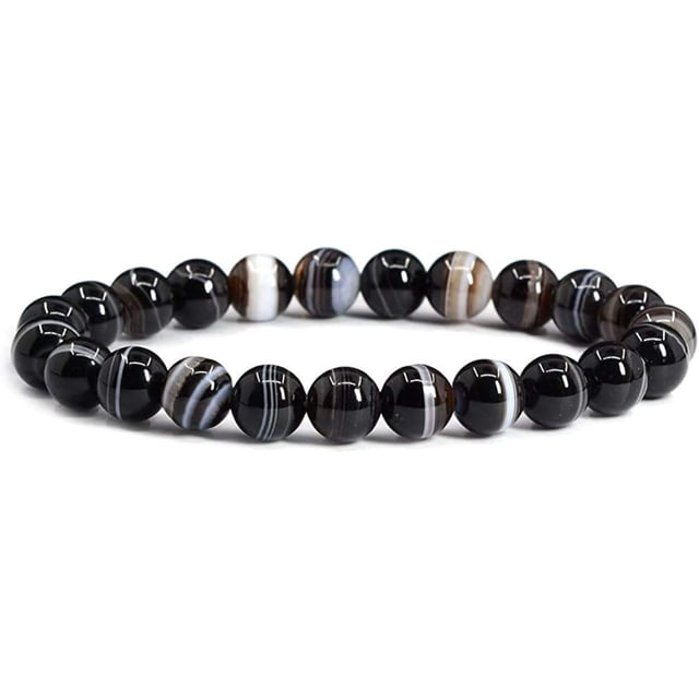 Black Banded Agate Gemstone 8mm Round Beads Stretch Bracelet 7" Unisex