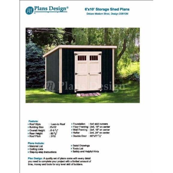 6' x 10' Deluxe Shed Plans, Modern Roof Style Design # D0610M, Material List and Step By Step Included