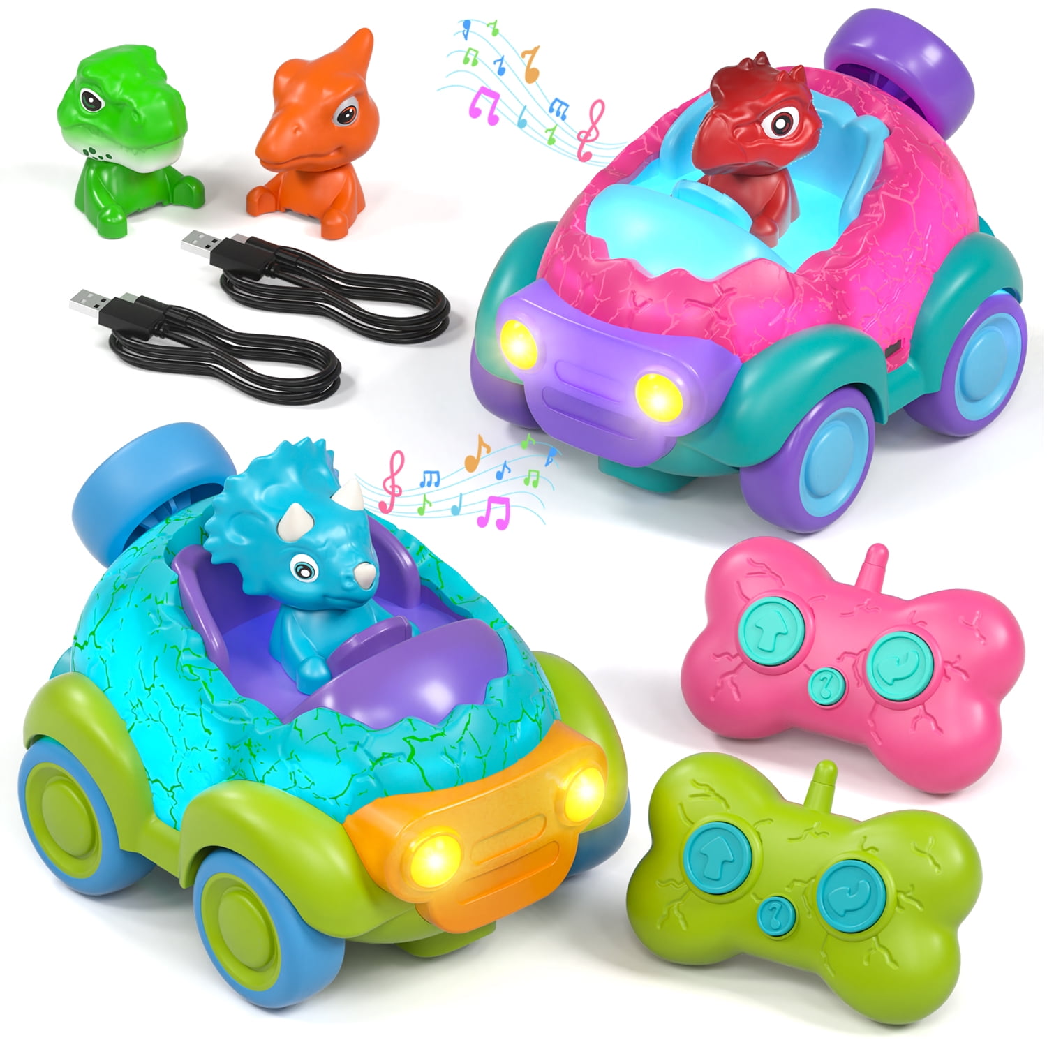 Lot de 2 - Voiture Télécommandée Dinosaure pour Tout-Petits, Voiture Jouet pour 2 3 4 Ans avec Lumières et Musique, Voitures RC pour Jouets pour Tout-Petits, Jouet Garçon de 2 3 4 Ans