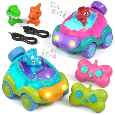 Lot de 2 - Voiture Télécommandée Dinosaure pour Tout-Petits, Voiture Jouet pour 2 3 4 Ans avec Lumières et Musique, Voitures RC pour Jouets pour Tout-Petits, Jouet Garçon de 2 3 4 Ans