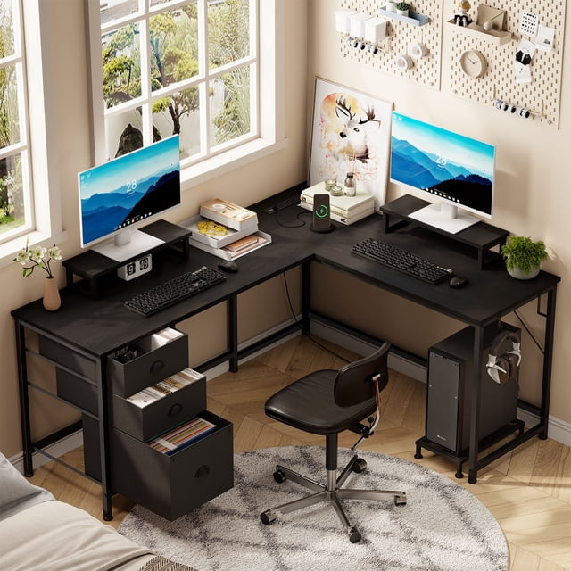 GIKPAL Bureau d'Ordinateur en Forme de L, Bureau de Jeu Réversible avec Tiroirs, Bureau d'Angle avec Étagères de Rangement et Support pour Moniteur, Bureau de Travail à Domicile, Noir