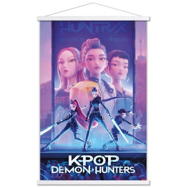 Netflix KPop Demon Hunters (2025) - Affiche Murale sur une Feuille avec Cadre Magnétique, 22,375 Pouces x 34 Pouces Représentant Trois Personnages Féminins Futuristes en poses Dynamiques Tenant des Épées Lumineuses et des Armes devant un Grand Panneau d'Affichage Numérique avec Texte « Huntrx WORLD TOUR », Intitulé « K-POP Demon Hunters » au Bas, Encadré de rails Magnétiques en Bois Blancs et de Corde Suspendue, Ensemble dans un Paysage Urbain Éclairé au Néon