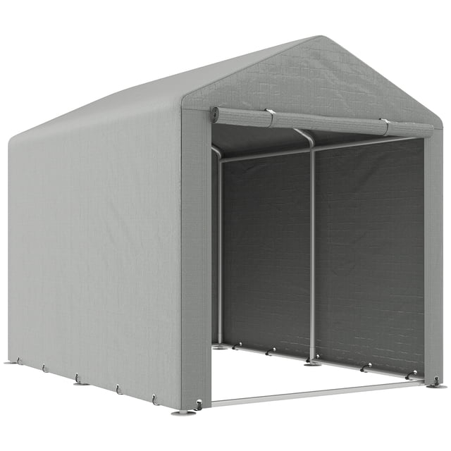 Outsunny Storage Tent, Portable Outdoor Shed with Large Door, Light Grey. A light grey outdoor storage tent measuring 1.6 x 2.2m with a UV-resistant PE cloth canopy and galvanized steel frame. Features a large zipped door for easy access and ground stakes for secure mounting. Suitable for storing bikes, motorbikes, or gardening tools.