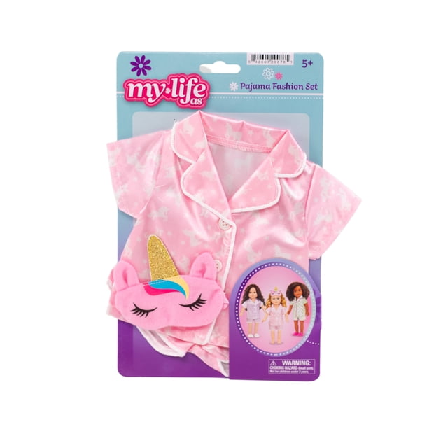 My Life As Ensemble de Pyjama Mode pour Poupée de 18 Pouces avec Haut de Pyjama Rose à Manches Courtes Boutonné Imprimé de Licornes Blanches et d'Étoiles, et un Masque pour les Yeux Rose Assorti avec une Corne de Licorne à Paillettes Dorées et une Crinière Colorée, Conçu pour 5 Ans et Plus.