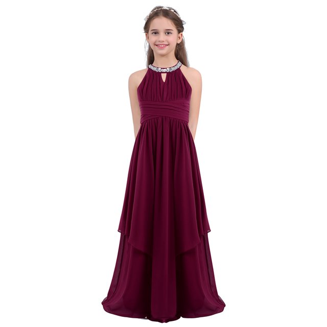 Miaeowve Robe de Fête Maxi en Chiffon à Paillettes pour Filles, Col Haut, Buste Froncé, Robe de Bal de Mariage Bourgogne 14