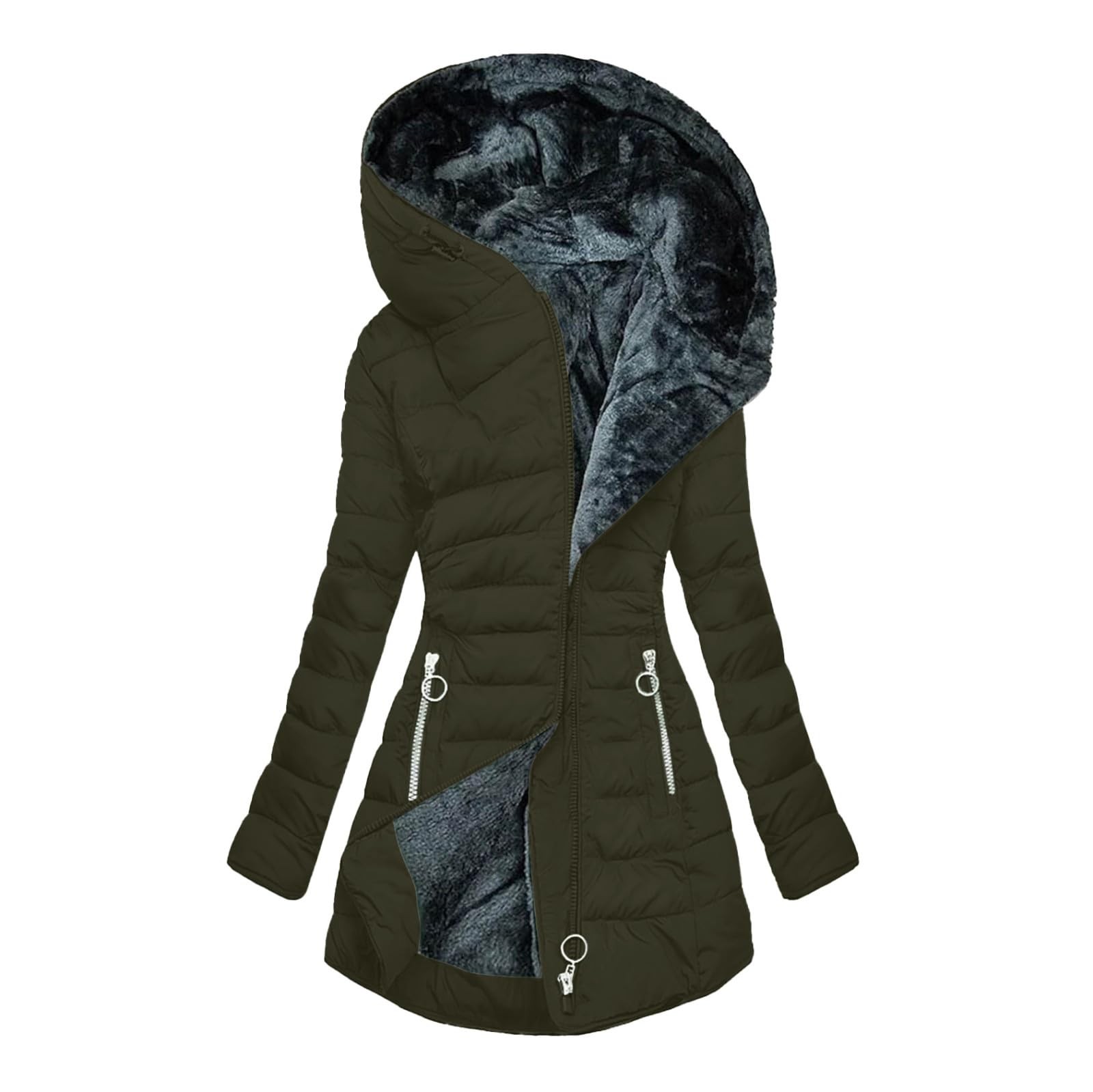 Women Attumn Winter Solid Composite Zipper Long Sleeve Jacket Pocket Outerwear Coat Women'S Parkas Green S