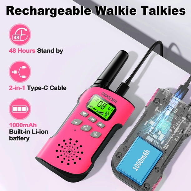 Talkie-walkie Rechargeable AWANFI Pour Enfants Et Adultes – Lot De 3 – Longue Portée 3 Km, Lampe Torche, 8 Canaux, USB-C – Idéal Camping, Rando, Vélo