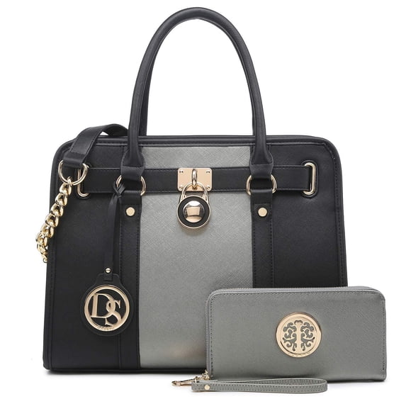Women Handbags Purses Two Tone Satchel Bags Top Handle Shoulder Bags Work Tote with Matching Wallet Pewter / Black