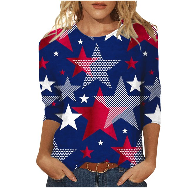 CEHVOM T-shirt Imprimé Mode Femme Jour de l'Indépendance Manches 3/4 Blouse Col Rond Tops Décontractés Liquidation