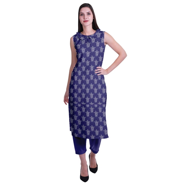 Moomaya Kurta Sans Manches à Col Peter Pan avec Pantalon Ensemble Ethnique 2 Pcs pour Femmes