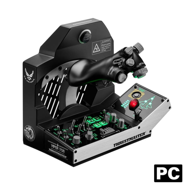 Thrustmaster Viper TQS Mission Pack for PC with 1:1 scale metal throttle quadrant featuring ergonomic black handle, labeled action buttons including CHAFF/FLARE switch, rotary knobs, toggle switches, and red joystick lever on black and silver base with illuminated green controls and U.S. Air Force logos, ideal for immersive flight simulation.