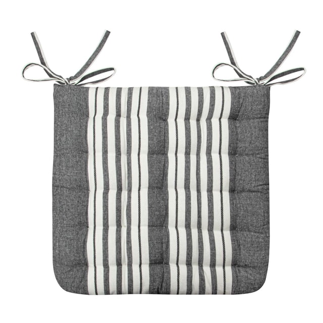 Hometrends Seat Cushion in grey cotton with tufted texture, featuring vertical white and grey stripes and solid grey edges, measuring 15x15 inches, with two tie straps for chair attachment, ideal for adding comfort and style to dining chairs, also suitable as a floor cushion for casual seating.