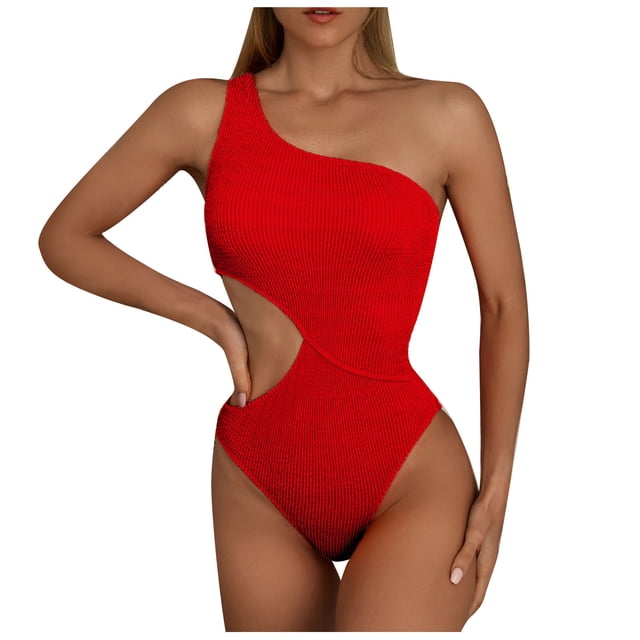 Cameland Women's Summer Skin-friendly Fashion Solid Color One Shoulder One-Piece Bikini Set