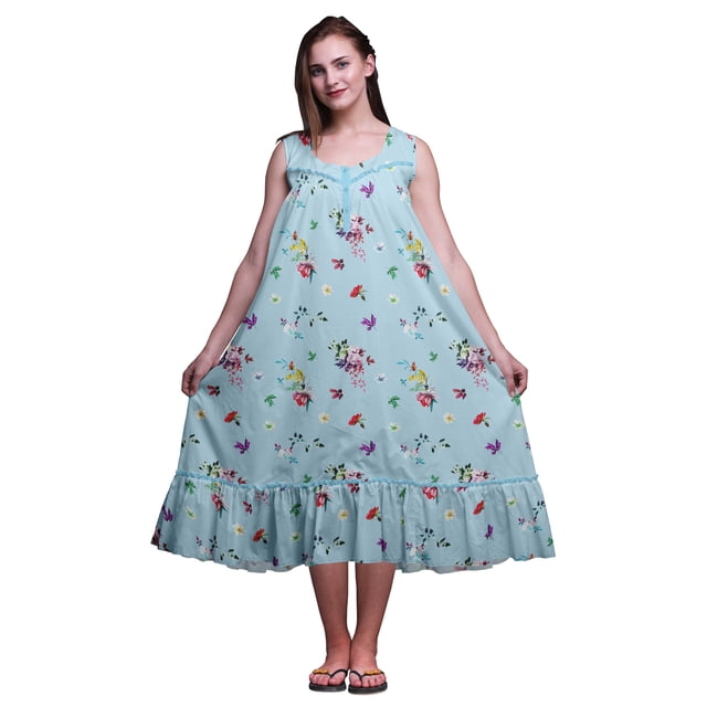 Bimba Robe de Nuit Mi-Mollet Bleu Bébé à Feuilles Florales et Roses pour Femmes, Coton Imprimé, Sans Manches, Robe de Nuit Maxi X-Small