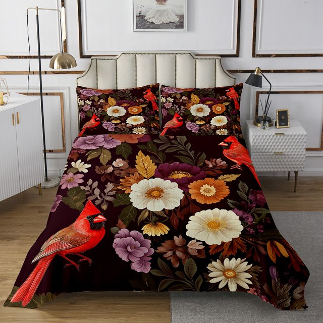 YST Tropical Floral Twin Bedspread Set Cardinal Bird Quilt Set, Colorful Flower Coverlet Set Botanical and Animal Theme Bedding Set, Spring Garden Bed Cover for Kids Bedroom