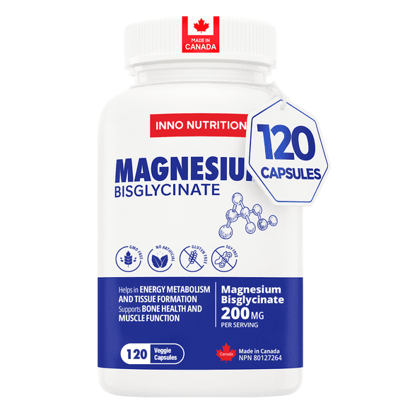 Inno Nutrition Magnesium Bisglycinate 200mg - 120 Vegan Capsules | High Absorption, Gentle on Stomach | Muscle, Heart & Bone Health Support | Non-GMO, Gluten-Free Made in Canada