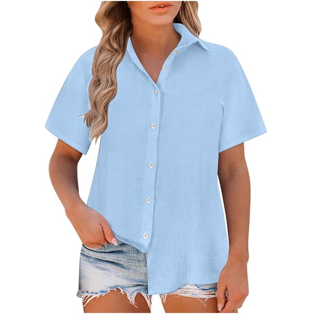 Timegard Womens Shirts Plus Size Cotton Linen Notched V-Neck Button down Short Sleeve Casual Loose Top