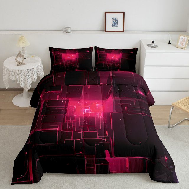 Abstract King Comforter Set, 3D Stereoscopic Geometric Grid Square Bedding for Kids Boys Bedroom Decor, Modern Geometry Plaid Neon Light Bedding Comforters & Sets, Fuchsia & Black