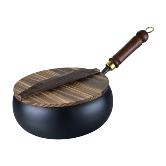 Luzkey Iron Wok Household No Coating Home with Wood Handle Flat Bottom Stir Fry Pan 24cm
